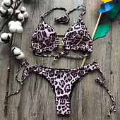 Картинка Купальник раздельный лиф + трусики бусины на завязках принт розовый леопард от магазина LonnaMag