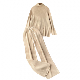 Комплект трикотаж теплый свитер разрез + широкие штаны белые шнурки