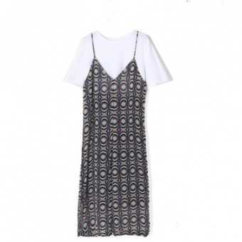 Комплект легкий сарафан узор круги пояс + белая футболка