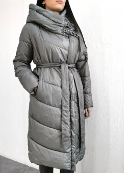 Пуховик миди на запах застежки на вороте с цепью
