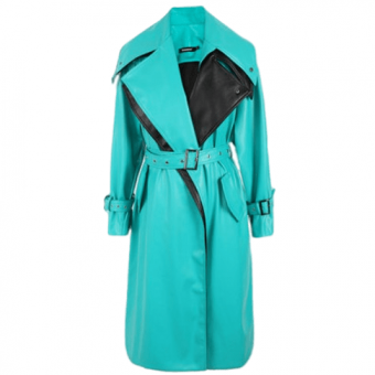 Тренч миди эко кожа широкий двойной ворот бирюзовый + черный