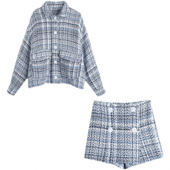 Костюм твид клетка рубашка-куртка с карманами + юбка-шорты