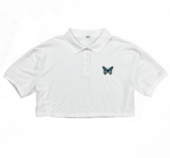 Футболка поло короткая вышивка - синяя бабочка