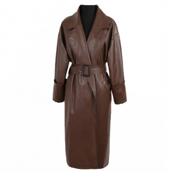 Тренч эко кожа на рукавах манжеты 2 пуговицы + пояс с черной пряжкой