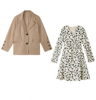 Комплект пиджак беж + платье мини принт черные цветы