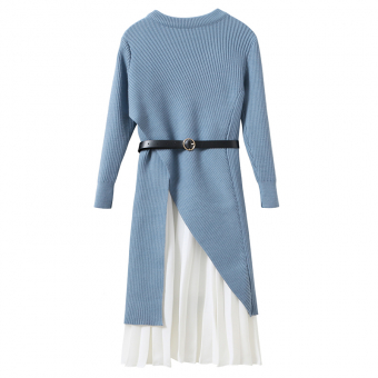 Комплект платье миди белое + свитер удлиненный с черный ремнем