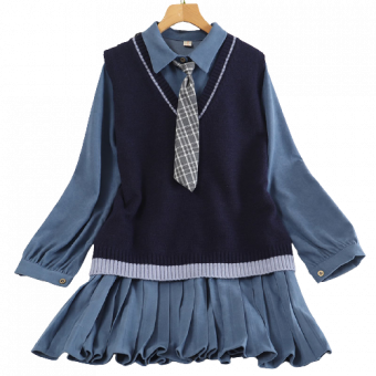 Комплект мини платье воротник складки + вязаный жилет + галстук