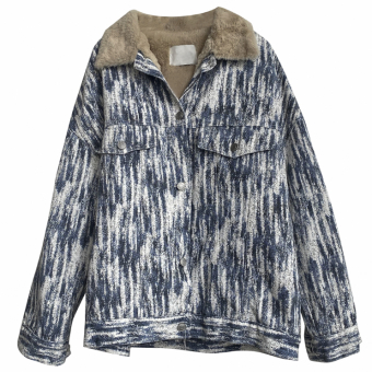 Куртка джинс меховой коричневый подклад и ворот белые полосы краской