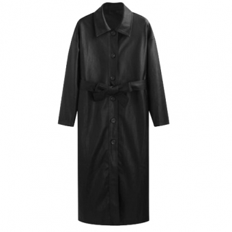 Тренч рубашка удлиненный эко кожа однотон на пуговицах + пояс