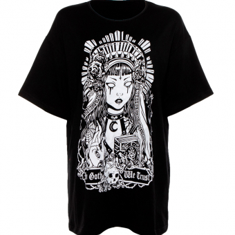 Футболка удлиненная принт девушка корона книга крест череп