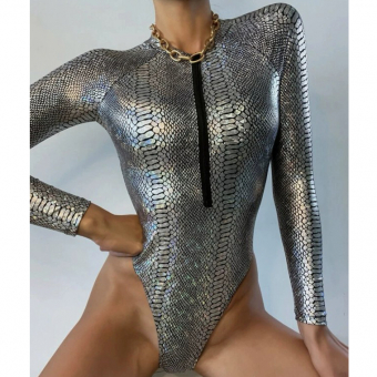 Купальник слитный длинный рукав молния спереди на груди змеиный принт