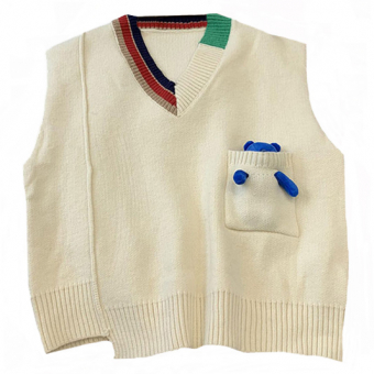 Жилет широкий ассиметричная вязка синий медвеженок в кармане