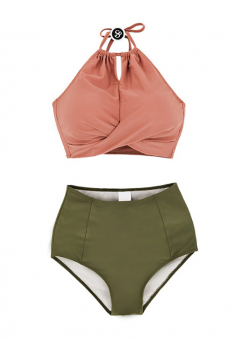 Купальник раздельный топ-халтер с вырзом треугольник высокие плавки