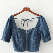 Картинка Топ джинс короткий рукав спереди молния акцент на груди на спине завязка от магазина LonnaMag
