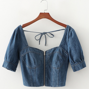 Топ джинс короткий рукав спереди молния акцент на груди на спине завязка