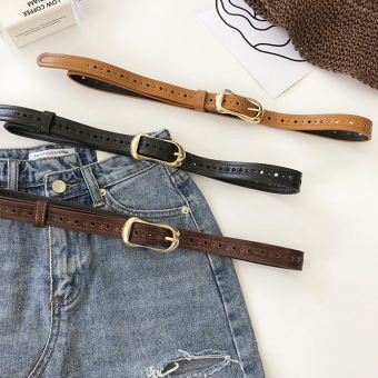 Ремень тонкий овальная пряжка резной