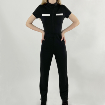 Комбинезон длинный стрейч на молнии 2 белые полоски короткий рукав