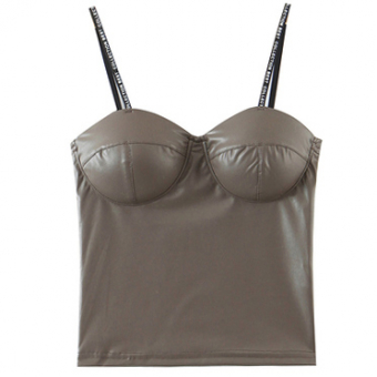 Топ корсет эко кожа акцент на грудь тонкие лямки с надписью collection best