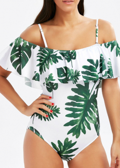 Купальник слитный оборка на плечах листья пальмы