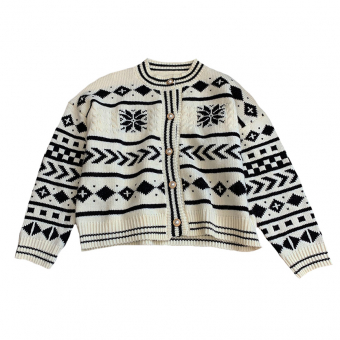 Кардиган молочный с черным орнаментом золотые пуговицы жемчуг