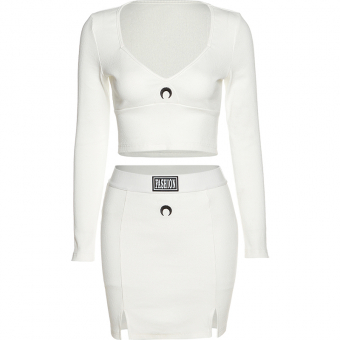 Костюм топ v-образный вырез длинный рукав + юбка два коротких разреза перевернутый полумесяц