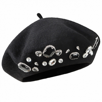 Берет шерстяной стразы черные камни