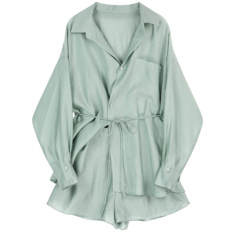 Костюм мятный рубашка с тонким поясом + шорты свободные