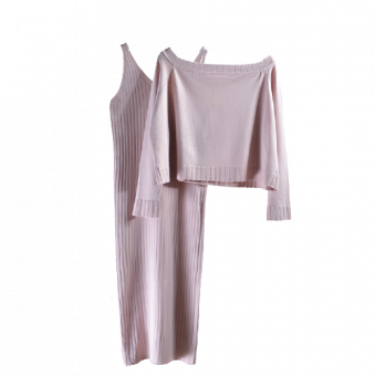 Комплект розоввый трикотаж платье в рубчик + широкий джемпер