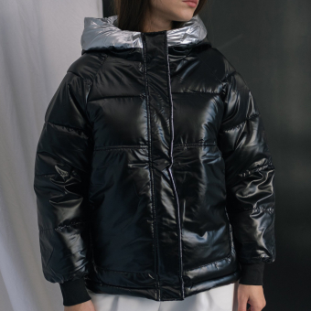 Куртка дутая металл глянцевый блеск кант на капюшоне