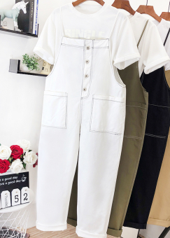 Длинный комбинезон с пуговицами на тонких лямках с белыми швами