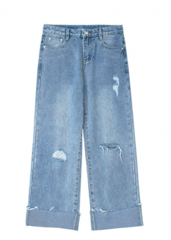 Джинсы прямые широкие с подворотом