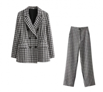 Костюм в клетку пиджак двубортный приталенный шерстяной + брюки прямые