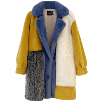 Шуба плюш голубой желтый цвет + меховые вставки
