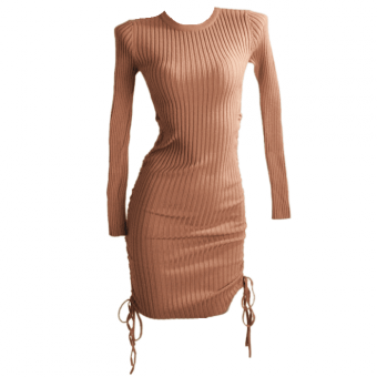 Платье трикотаж широкий рубчик круглая горловина по бокам сборка на шнурке