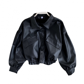 Куртка кожаная короткая на кнопках 2 кармана снизу завязки