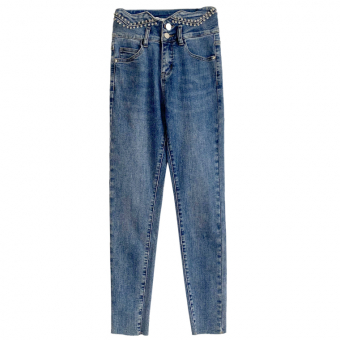 Джинсы скинни спреди пояс углами + стразы необработанный низ