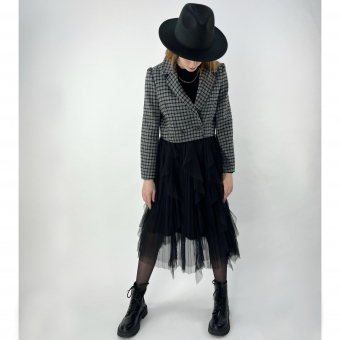 Комплект платье макси с сеткой цепь + жакет шерсть в клетку