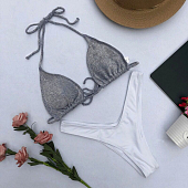 Картинка Купальник раздельный лиф серый люрекс на завязках + трусики галочкой белые от магазина LonnaMag