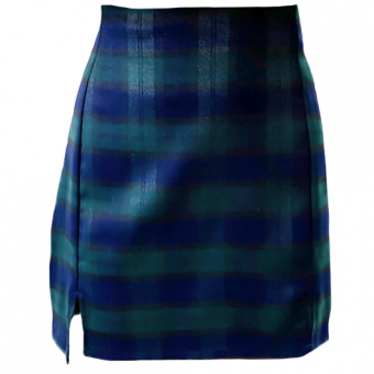 Юбка мини трапеция 2 разреза клетка - темно-синий темно-зеленый