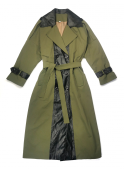 Тренч макси вставки черная эко-кожа