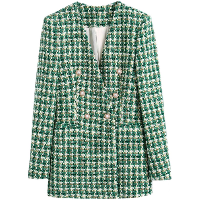 Картинка Пиджак под твид зеленый приталенный жемчужные пуговицы от магазина LonnaMag