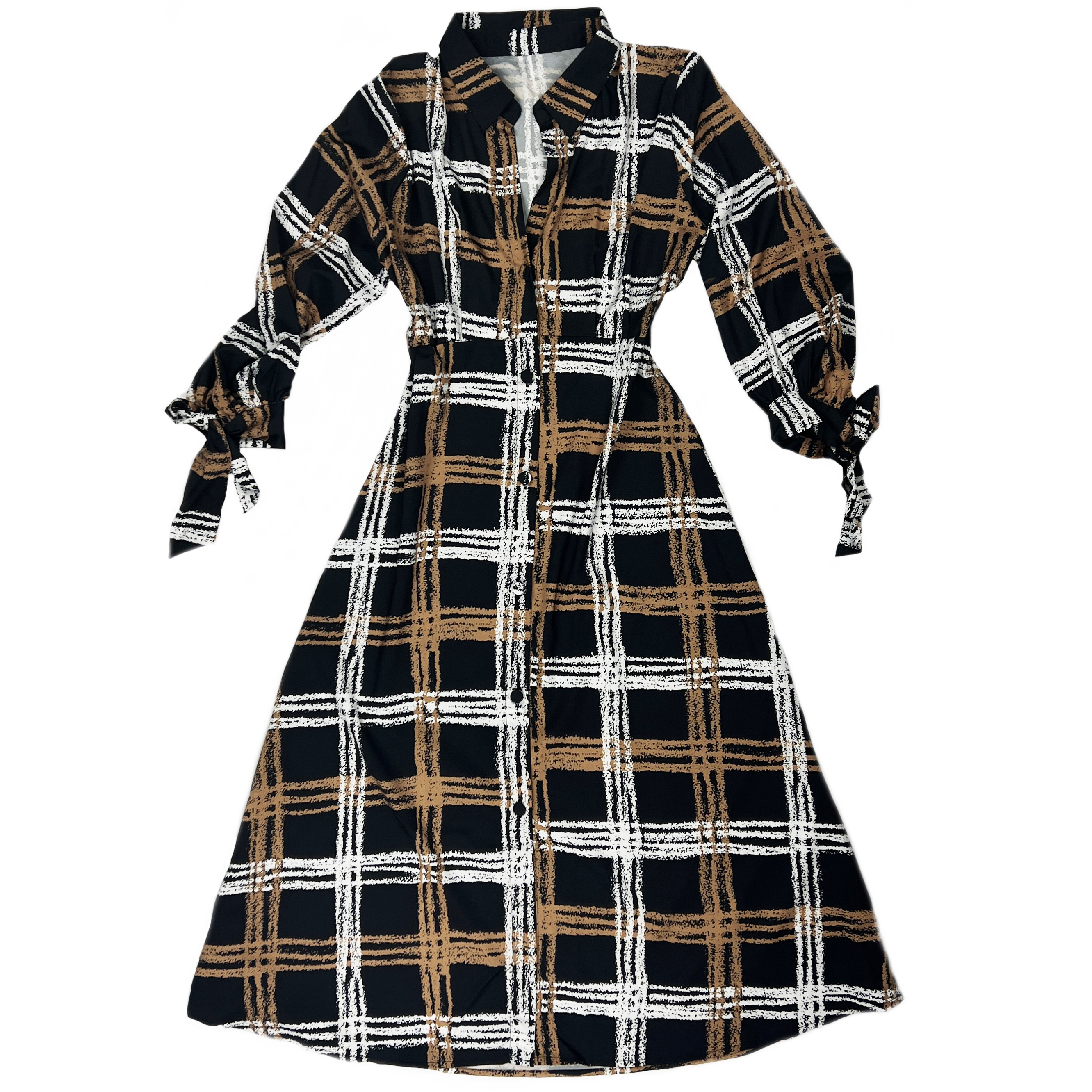 Картинка Платье миди на пуговицах бежево-белая клетка на черном от магазина LonnaMag