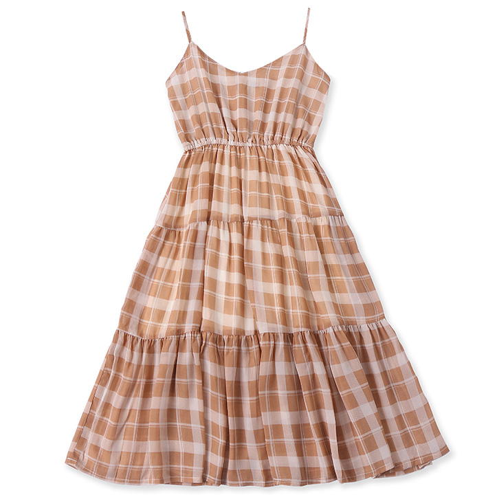 Картинка Платье сарафан миди тонкие лямки клеш уровнями клетка от магазина LonnaMag