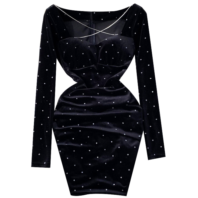 Картинка Платье мини бархат длинный рукав блестящий горошек  от магазина LonnaMag