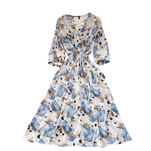 Картинка Платье миди V вырез талия на кулиске принт пятна круги полосы от магазина LonnaMag