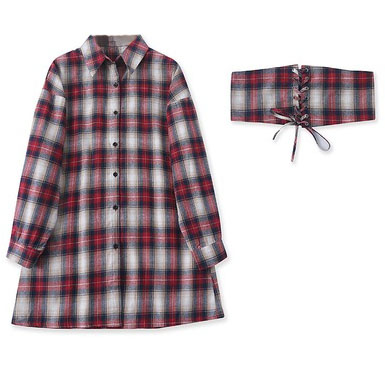 Картинка Платье рубашка клетка черные пуговицы + пояс на шнуровке от магазина LonnaMag