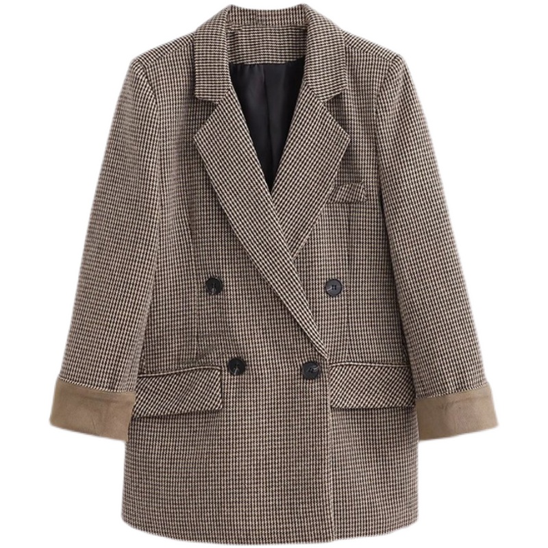 Картинка Пиджак теплый подвернутые рукава принт мелкая гусиная лапка от магазина LonnaMag