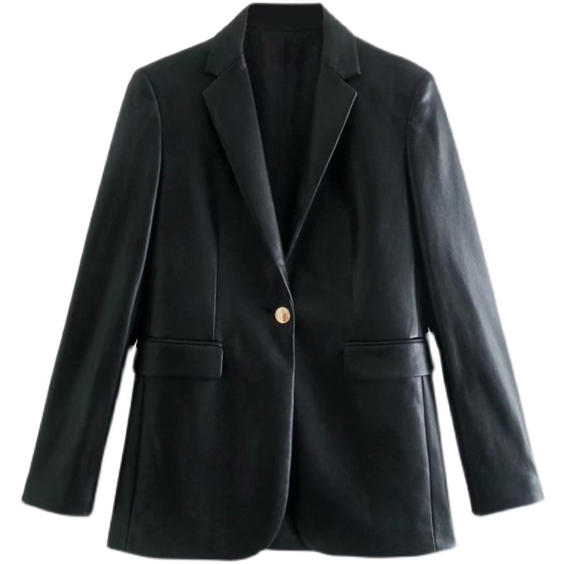 Картинка Пиджак эко кожа черный приталенный светлые пуговицы от магазина LonnaMag