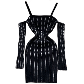 Картинка Платье трикотаж полосы из страз длинный рукав открытые плечи на тонких лямках от магазина LonnaMag