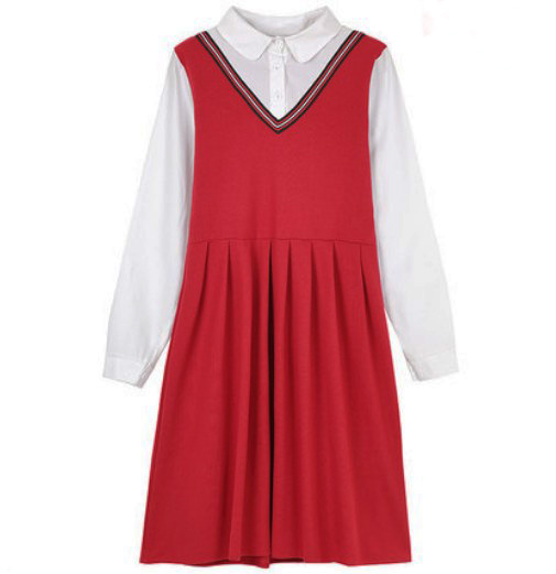 Картинка Платье школьное красное треугольный вырез с полосками + белая блуза длинный рукав от магазина LonnaMag
